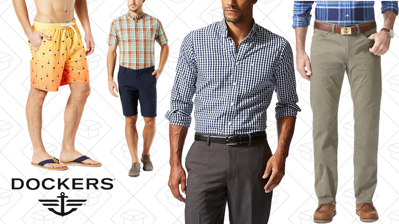 Palm Sunset Trunk, $28 | Alpha On-The-Go Short, $18 | No Wrinkle Shirt, Classic Fit, $24 | Jean Cut, Straight Fit Khakis, $24